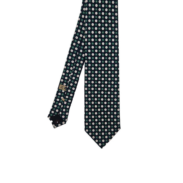 Blue printed silk tie with green and white floral pattern
