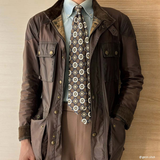 TOKYO - Blue, brown & beige diamonds printed silk hand made tie