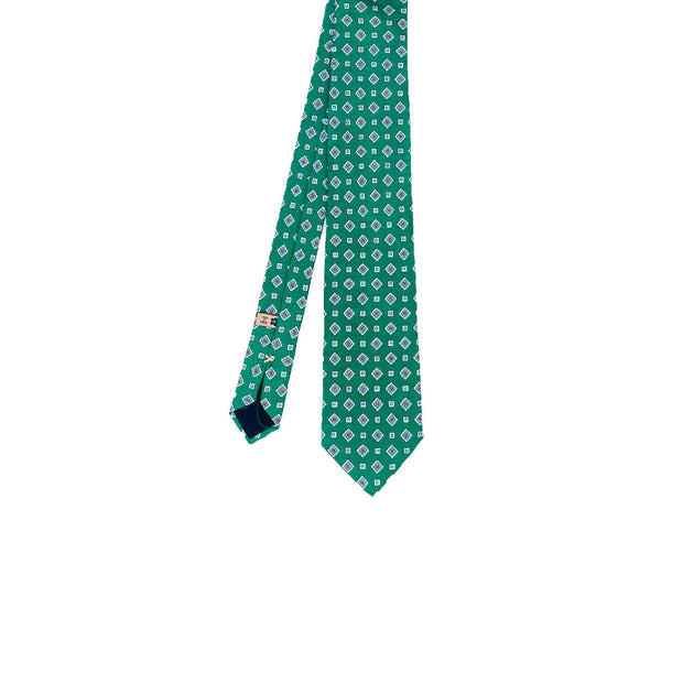 GREEN PRINTED SILK TIE WITH LIGHT BLUE MEDALLION PATTERN