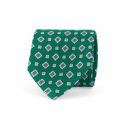 GREEN PRINTED SILK TIE WITH LIGHT BLUE MEDALLION PATTERN