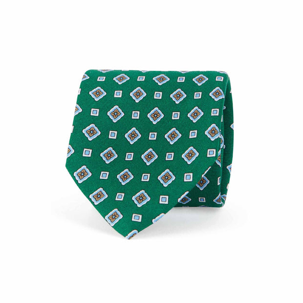 GREEN PRINTED SILK TIE WITH LIGHT BLUE MEDALLION PATTERN