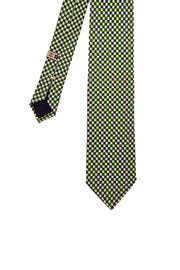Green printed silk tie archives design with dark blue micro-flowers & white dots