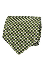 Cravatta verde stampata in seta con micro-fiori blu e punti bianchi