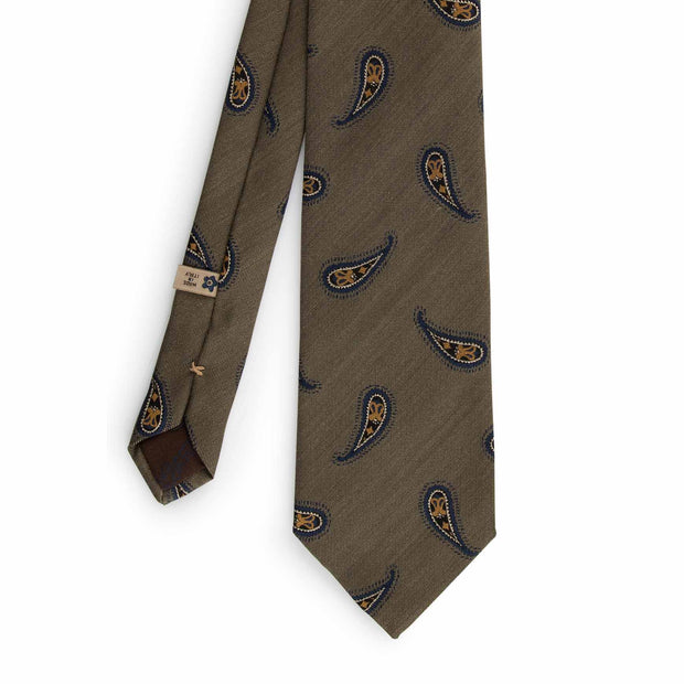 green olive tie with paisley yellow & dark blue pattern