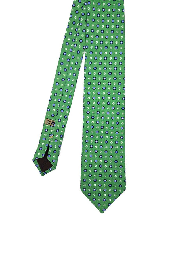 Green classic light blue floral design printed silk tie