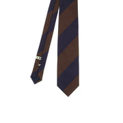 frontal view of a dark blue and brown regimental luxury italian sartorial tie