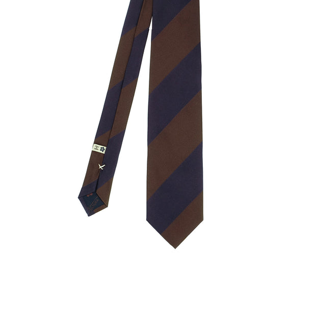 frontal view of a dark blue and brown regimental luxury italian sartorial tie