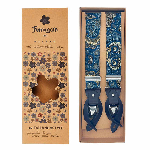 Luxury Blue braces with macro floral & paisley design - Fumagalli 1891