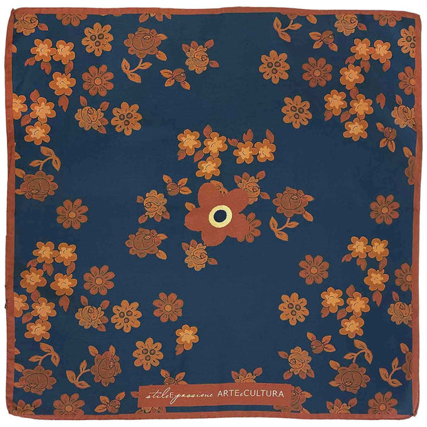 Bandana foulard blu e marrone in seta con macro floral 