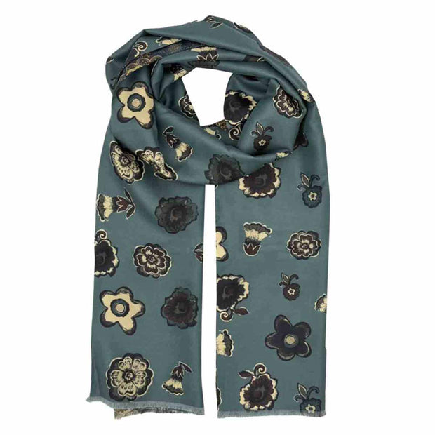 Petrol green and blue macro floral & paisley double face tubular silk scarf