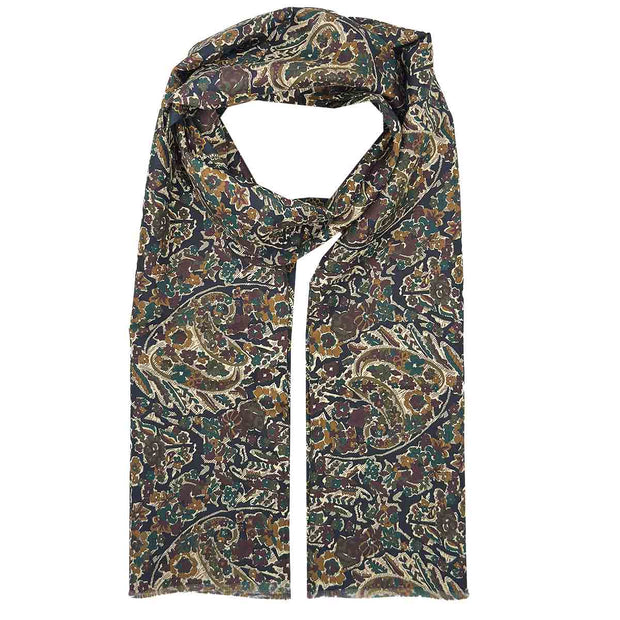 Dark blue medallion and micro and macro floral & paisley double face tubular silk scarf