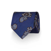 Handmade jacuard blue tie with macro paisley and flower vintage