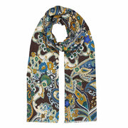 SCIARPA IN SETA E COTONE CON FRANGE E MOTIVO PAISLEY E FLOREALE MARRONE 
