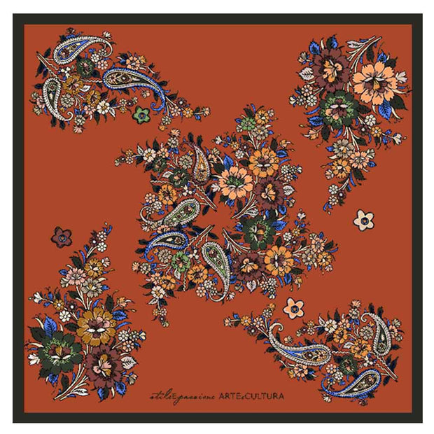 Bandana foulard rosso mattone con stampa floreale e paisley 