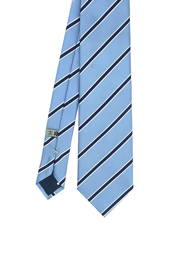 Cravatta azzurra a piccole righe blu cucita a mano in pura seta- Fumagalli 1891