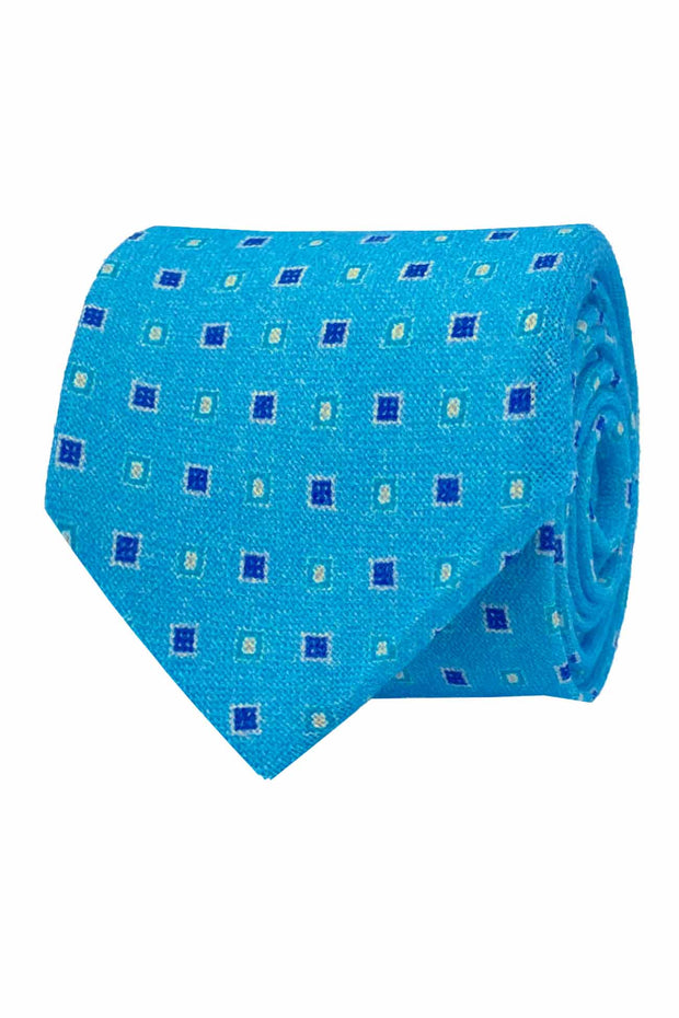 Light blue little diamonds pattern printed wool hand made tie