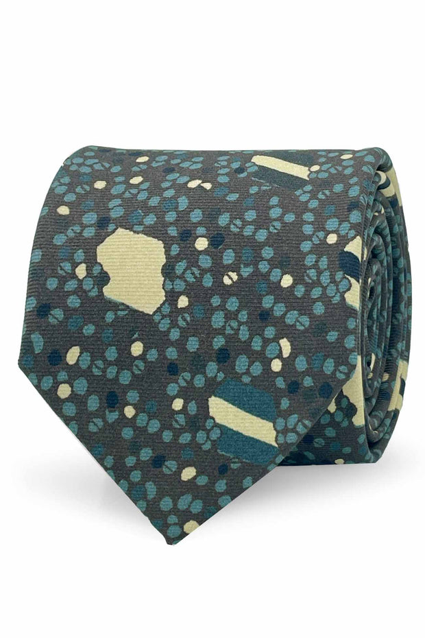 TOKYO - Cravatta stampata in seta marrone con pois e medaglioni