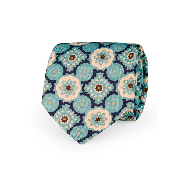 Cravatta medaglioni blu azzurro beige