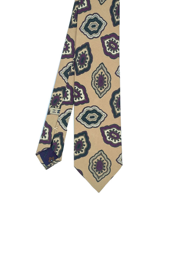 TOKYO - Beige macro medallion vintage printed hand made silk tie