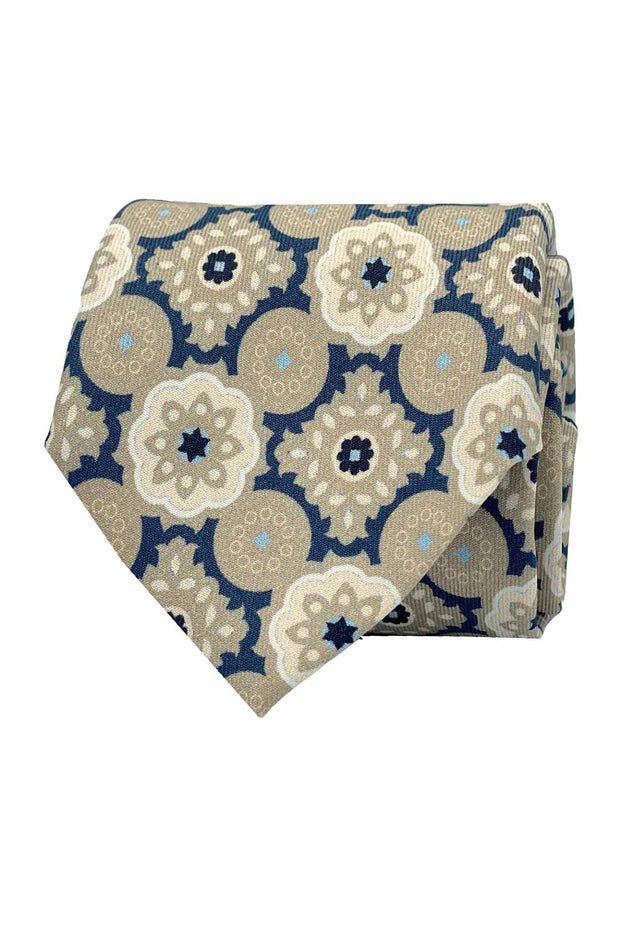 TOKYO - Cravatta in seta stampata con motivo a diamante blu e beige 