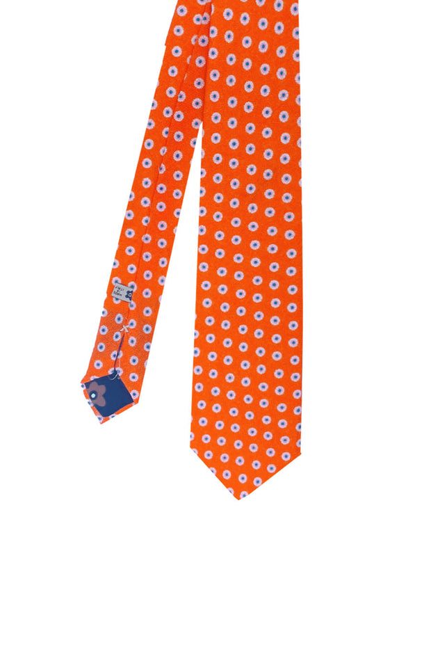 Orange floral pattern printed wool hand made tie