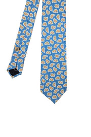 Cravatta in seta stampata azzurra con paisley giallo/arancio