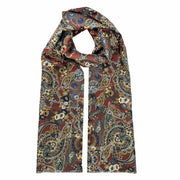 Sciarpa in seta doppiata oro e blu notte con fiori e paisley