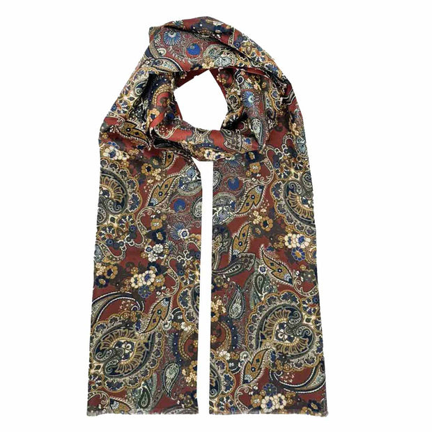 Sciarpa in seta doppiata oro e blu notte con fiori e paisley