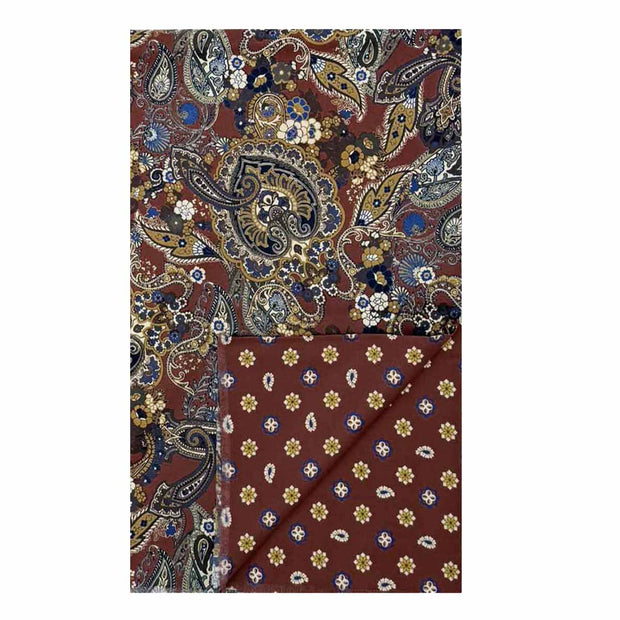 Sciarpa in seta doppiata oro e blu notte con fiori e paisley