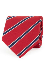 Cravatta rossa a piccole righe blu cucita a mano in pura seta- Fumagalli 1891