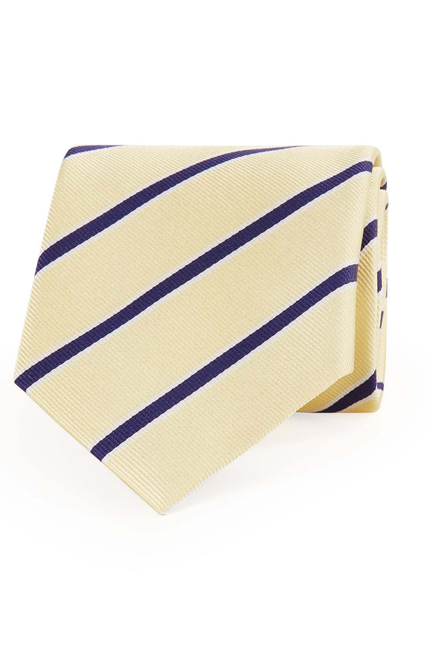 Cravatta gialla a piccole righe blu cucita a mano in pura seta- Fumagalli 1891