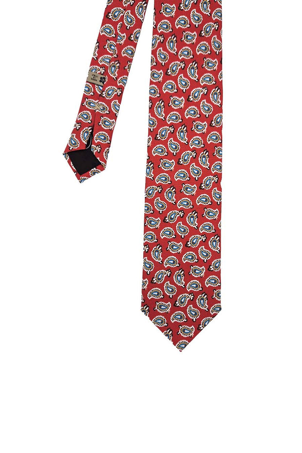 Cravatta in seta stampata rossa con paisley azzurri e bianchi