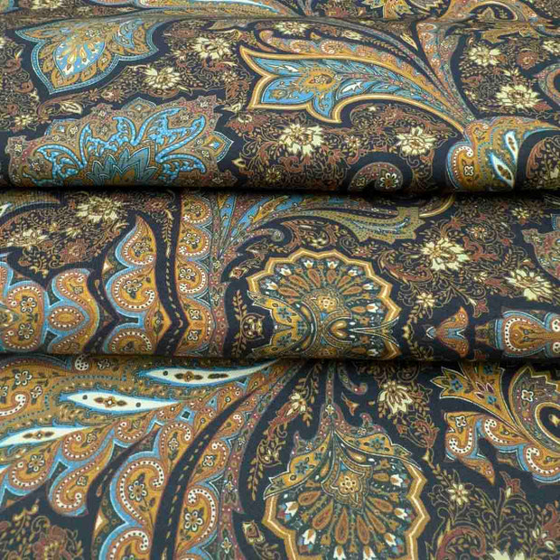Sciarpa in seta doppiata oro e blu notte con fiori e paisley