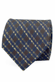 Brown and blue classic tartan printed silk tie- Fumagalli 1891