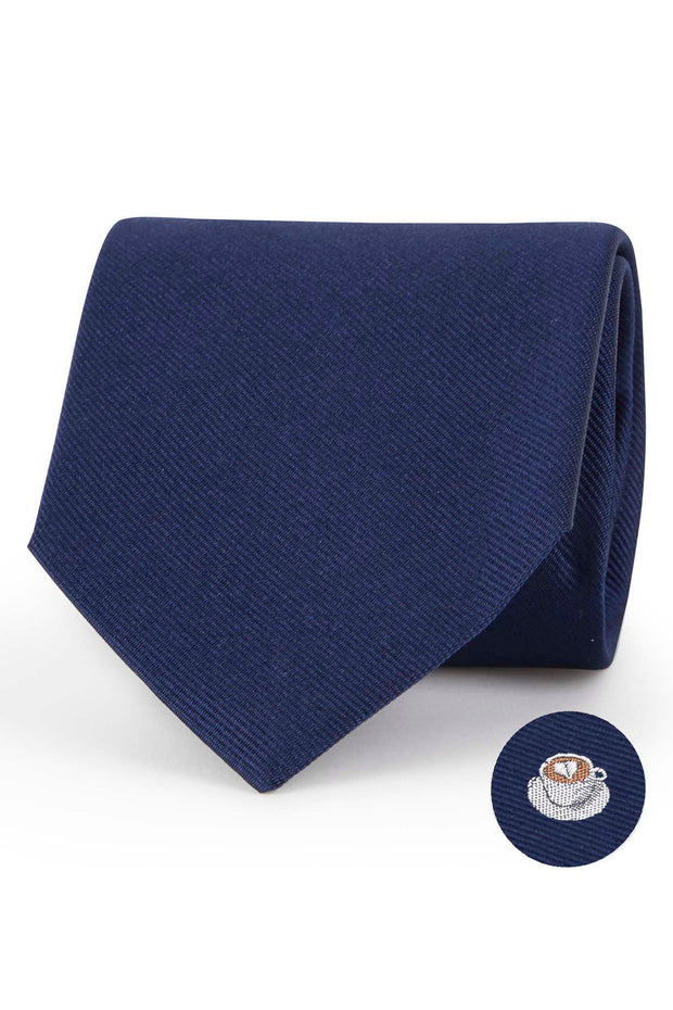 Blue silk tie with coffee cup under the knot