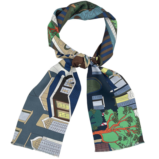 Tie Scarf Venezia in seta blu scuro e marrone