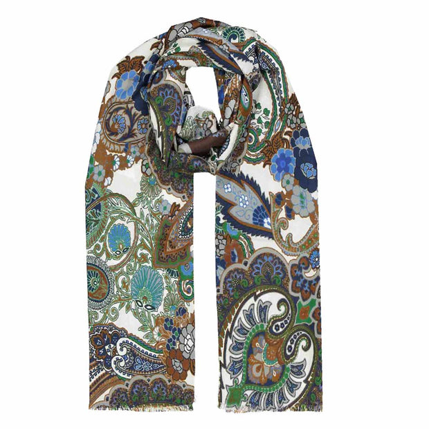 White paisley & floral silk fringed scarf