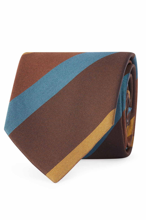 Regimental printed tie in silk with stripes brown, yellow and light blue