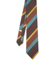 Cravatta stampata regimental in seta a righe marroni, azzurre e gialle- Fumagalli 1891
