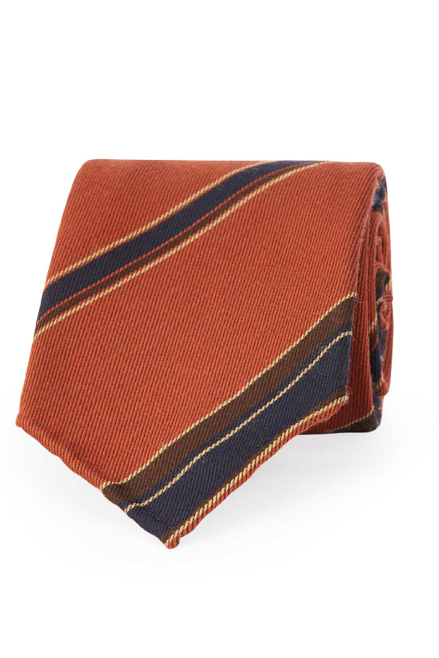 Cravatta sfoderata regimental in lana a righe arancioni, blu e marroni- Fumagalli 1891