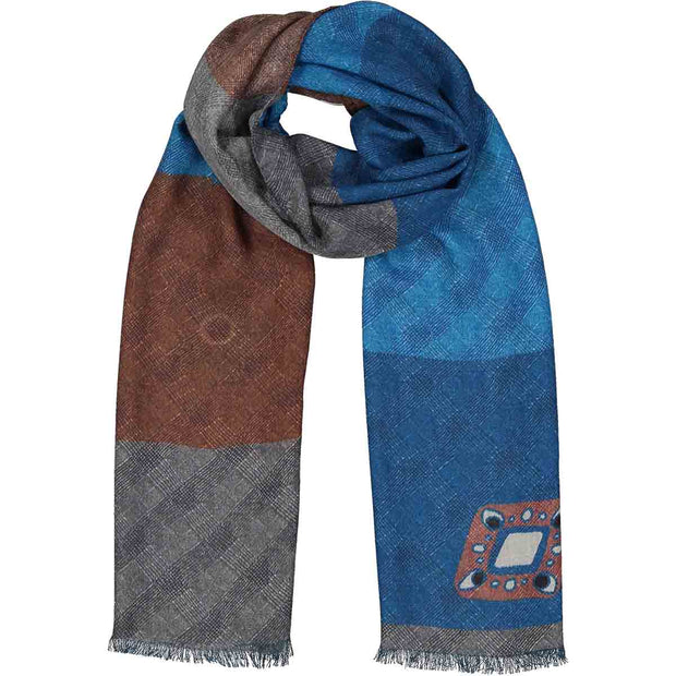 MALVA - Fringed brown, grey and blue patchwork design cachemire scarf