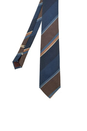 Cravatta stampata regimental in seta con motivo a righe blu e marroni - Fumagalli 1891