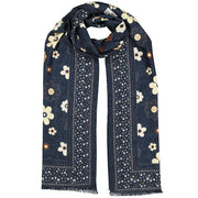 Blue wool scarf with floral pattern
