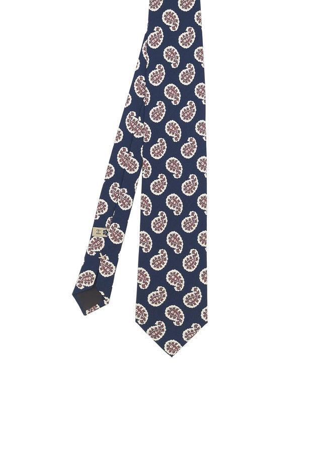 Macro blu scuro beige cravatta di seta stampata paisley - Fumagalli 1891