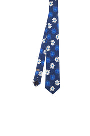 Blue tie in pure silk printed with white and blue flowers
