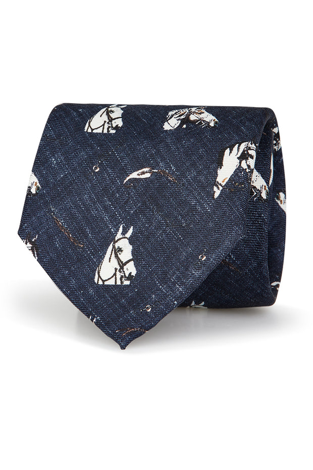 Blue tie in silk twill with white horses print