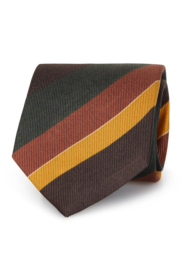 Cravatta stampata regimental in seta con righe nei toni di marrone e arancio- Fumagalli 1891