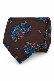 Cravatta stampata blu e marrone in seta con macro paisley - Fumagalli 1891