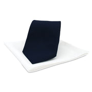Dark blue plain hand made tie and white pocket square set - pure silk - Fumagalli 1891