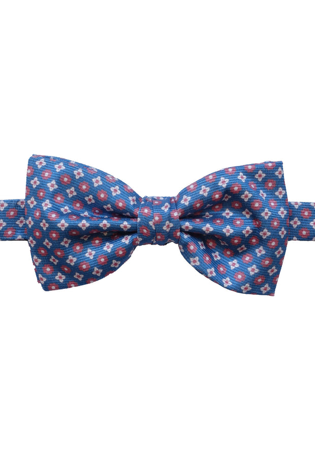 pink flowers of two different types stand out on a blue background on this luxury & versatile bow tie